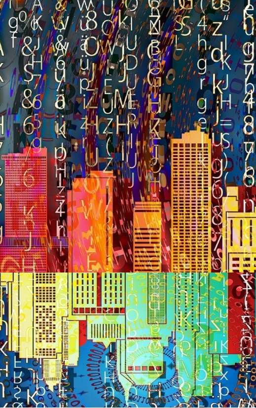 Illustration d'une ville d'où s'échappent des données